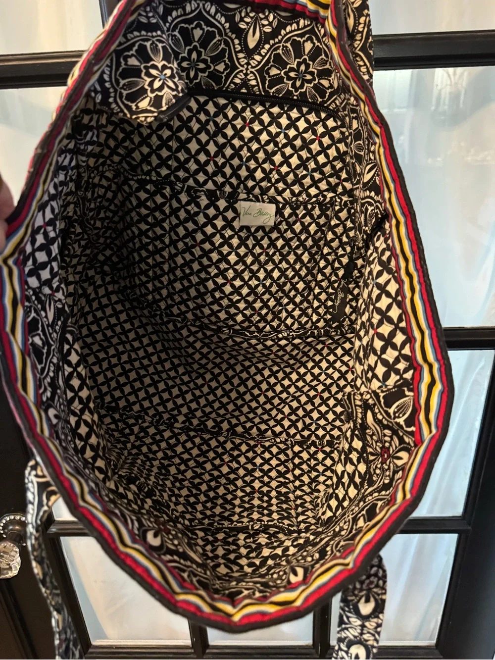 Vera Bradley XXL Quilted Black & White Floral Tote with Multicolor Stripe Accent